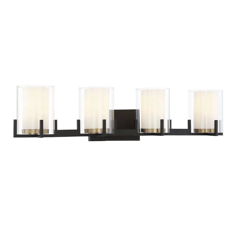 Four Light Bathroom Vanity<br /><span style="color:#4AB0CE;">Entrega: 4-10 dias en USA</span><br /><span style="color:#4AB0CE;font-size:60%;">PREGUNTE POR ENTREGA EN PANAMA</span><br />Collection: Eaton<br />Finish: Matte Black with Warm Brass Accents