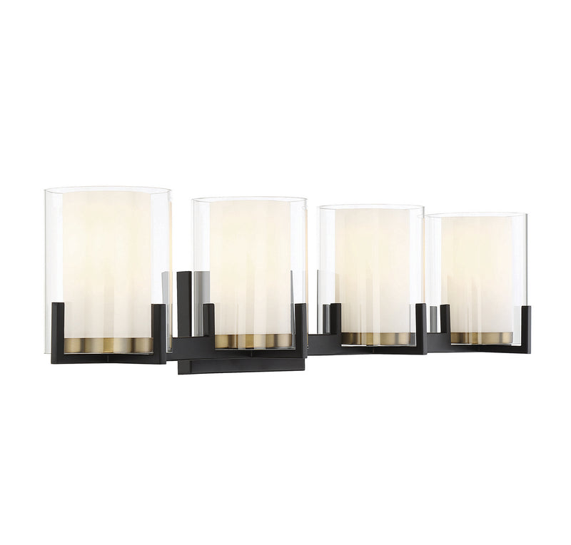 Four Light Bathroom Vanity<br /><span style="color:#4AB0CE;">Entrega: 4-10 dias en USA</span><br /><span style="color:#4AB0CE;font-size:60%;">PREGUNTE POR ENTREGA EN PANAMA</span><br />Collection: Eaton<br />Finish: Matte Black with Warm Brass Accents