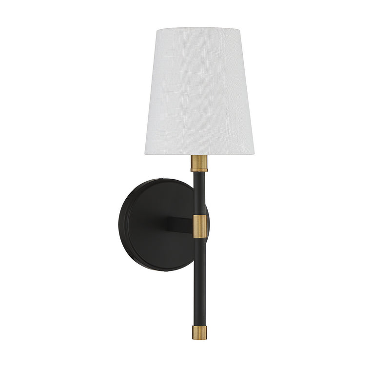 One Light Wall Sconce<br /><span style="color:#4AB0CE;">Entrega: 4-10 dias en USA</span><br /><span style="color:#4AB0CE;font-size:60%;">PREGUNTE POR ENTREGA EN PANAMA</span><br />Collection: Brody<br />Finish: Matte Black with Warm Brass Accents