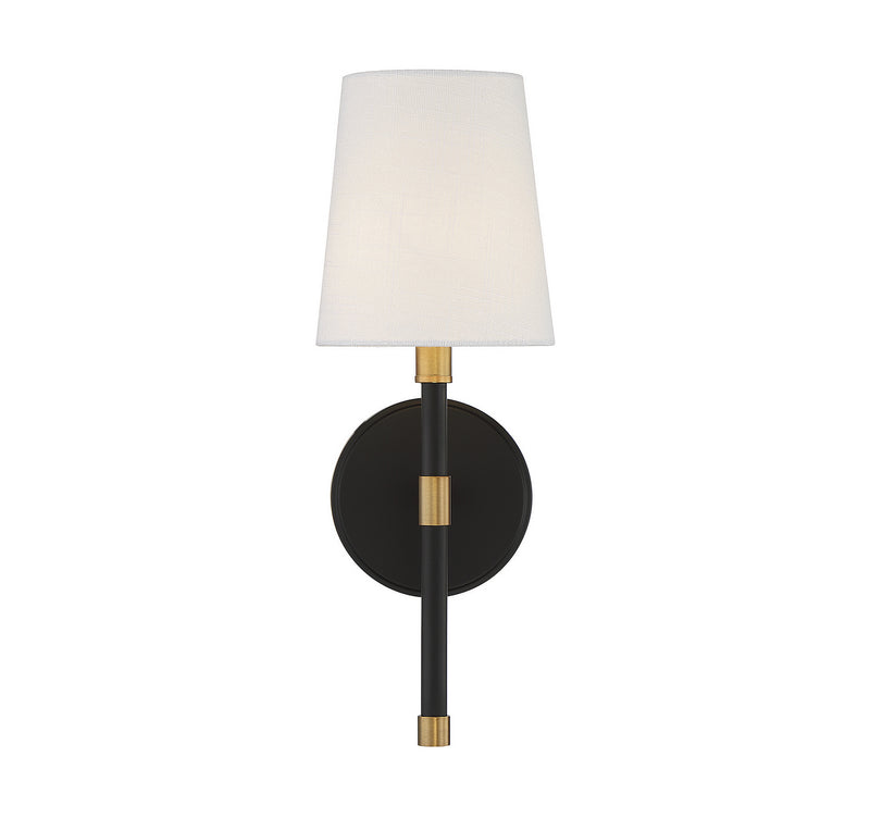 One Light Wall Sconce<br /><span style="color:#4AB0CE;">Entrega: 4-10 dias en USA</span><br /><span style="color:#4AB0CE;font-size:60%;">PREGUNTE POR ENTREGA EN PANAMA</span><br />Collection: Brody<br />Finish: Matte Black with Warm Brass Accents