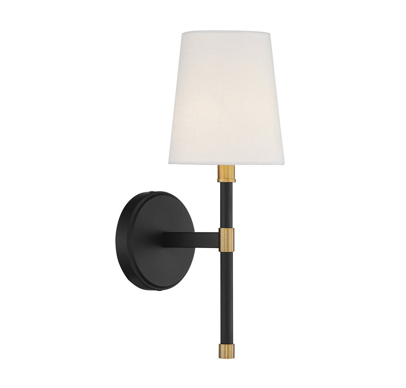 One Light Wall Sconce<br /><span style="color:#4AB0CE;">Entrega: 4-10 dias en USA</span><br /><span style="color:#4AB0CE;font-size:60%;">PREGUNTE POR ENTREGA EN PANAMA</span><br />Collection: Brody<br />Finish: Matte Black with Warm Brass Accents