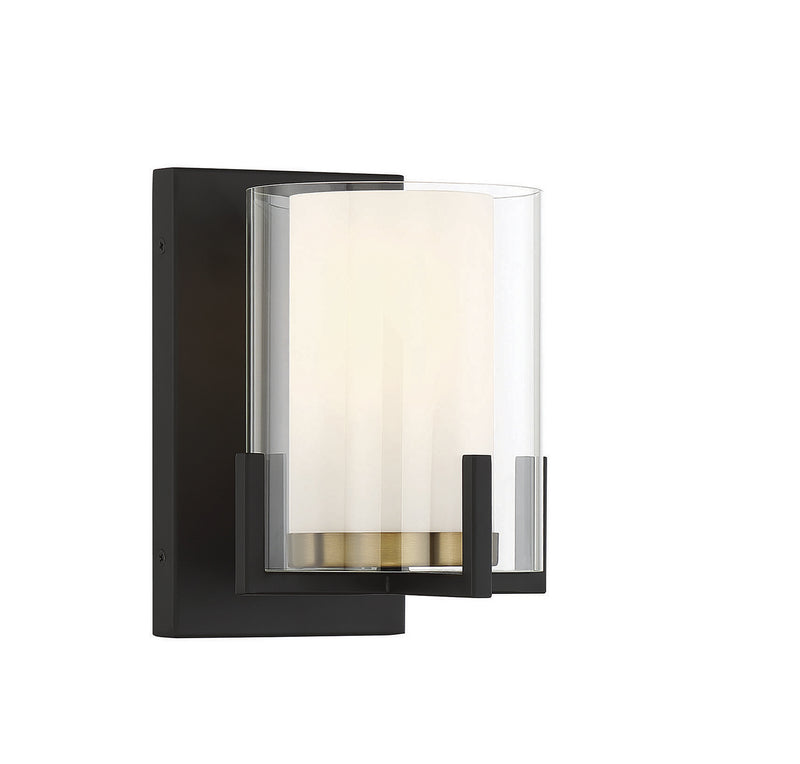 One Light Wall Sconce<br /><span style="color:#4AB0CE;">Entrega: 4-10 dias en USA</span><br /><span style="color:#4AB0CE;font-size:60%;">PREGUNTE POR ENTREGA EN PANAMA</span><br />Collection: Eaton<br />Finish: Matte Black with Warm Brass Accents