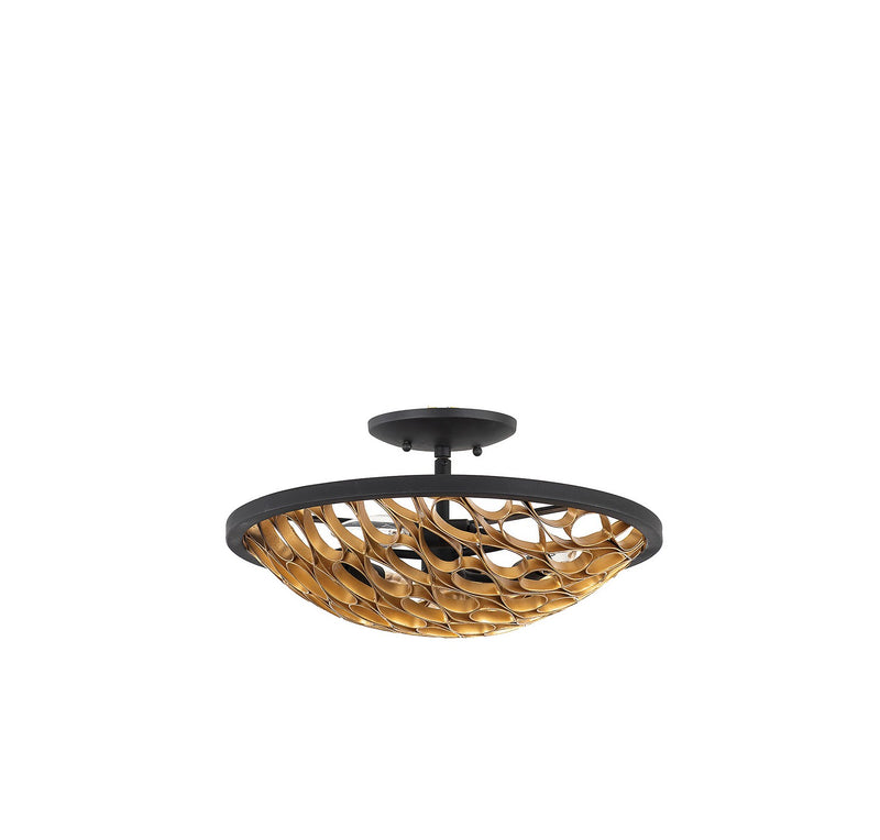 Three Light Semi-Flush Mount<br /><span style="color:#4AB0CE;">Entrega: 4-10 dias en USA</span><br /><span style="color:#4AB0CE;font-size:60%;">PREGUNTE POR ENTREGA EN PANAMA</span><br />Collection: Ventura<br />Finish: Matte Black and Gold