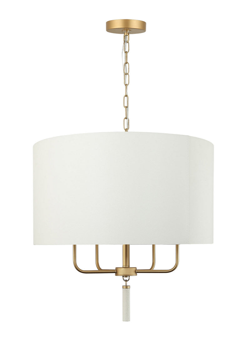 Four Light Pendant<br /><span style="color:#4AB0CE;">Entrega: 4-10 dias en USA</span><br /><span style="color:#4AB0CE;font-size:60%;">PREGUNTE POR ENTREGA EN PANAMA</span><br />Collection: Secret Agent<br />Finish: Painted Gold/White Leather