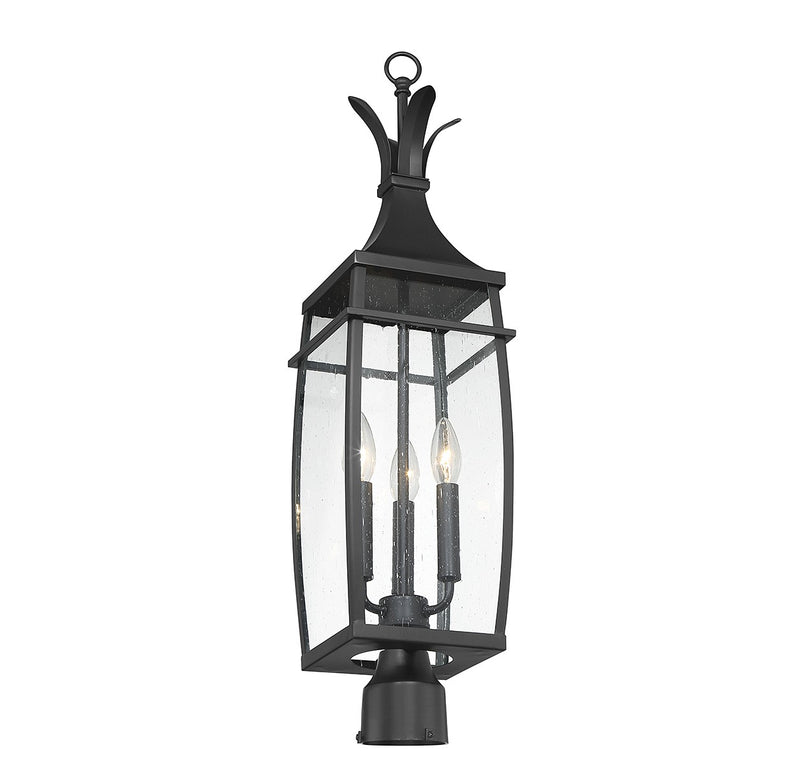 Three Light Outdoor Post Lantern<br /><span style="color:#4AB0CE;">Entrega: 4-10 dias en USA</span><br /><span style="color:#4AB0CE;font-size:60%;">PREGUNTE POR ENTREGA EN PANAMA</span><br />Collection: Montpelier<br />Finish: Matte Black