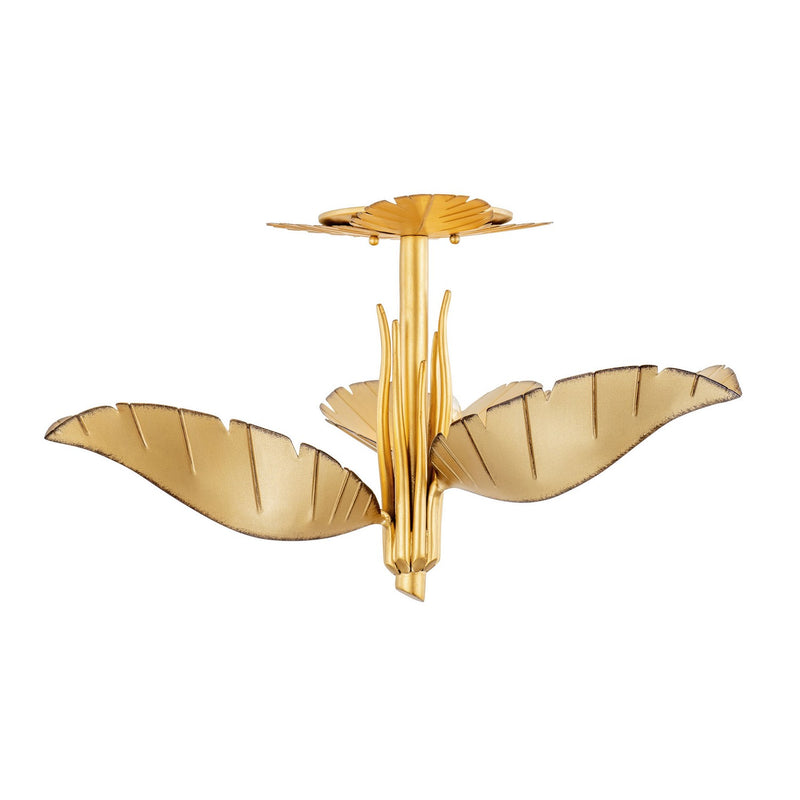 Three Light Semi-Flush Mount<br /><span style="color:#4AB0CE;">Entrega: 11-12 semanas en USA</span><br /><span style="color:#4AB0CE;font-size:60%;">PREGUNTE POR ENTREGA EN PANAMA</span><br />Collection: Banana Leaf<br />Finish: Gold/Dark Edging