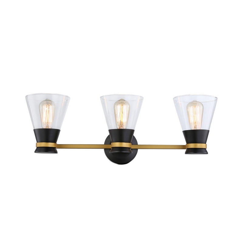 Three Light Vanity<br /><span style="color:#4AB0CE;">Entrega: 4-10 dias en USA</span><br /><span style="color:#4AB0CE;font-size:60%;">PREGUNTE POR ENTREGA EN PANAMA</span><br />Collection: Kanata<br />Finish: Black & Brushed Brass