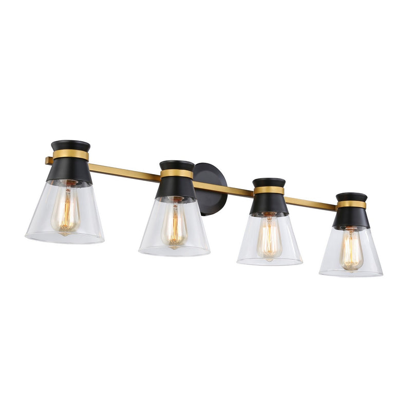 Four Light Vanity<br /><span style="color:#4AB0CE;">Entrega: 4-10 dias en USA</span><br /><span style="color:#4AB0CE;font-size:60%;">PREGUNTE POR ENTREGA EN PANAMA</span><br />Collection: Kanata<br />Finish: Black & Brushed Brass