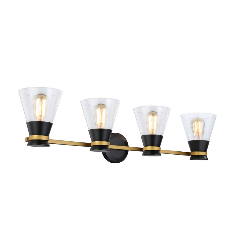 Four Light Vanity<br /><span style="color:#4AB0CE;">Entrega: 4-10 dias en USA</span><br /><span style="color:#4AB0CE;font-size:60%;">PREGUNTE POR ENTREGA EN PANAMA</span><br />Collection: Kanata<br />Finish: Black & Brushed Brass