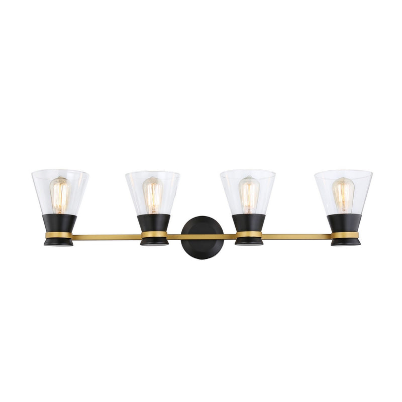 Four Light Vanity<br /><span style="color:#4AB0CE;">Entrega: 4-10 dias en USA</span><br /><span style="color:#4AB0CE;font-size:60%;">PREGUNTE POR ENTREGA EN PANAMA</span><br />Collection: Kanata<br />Finish: Black & Brushed Brass