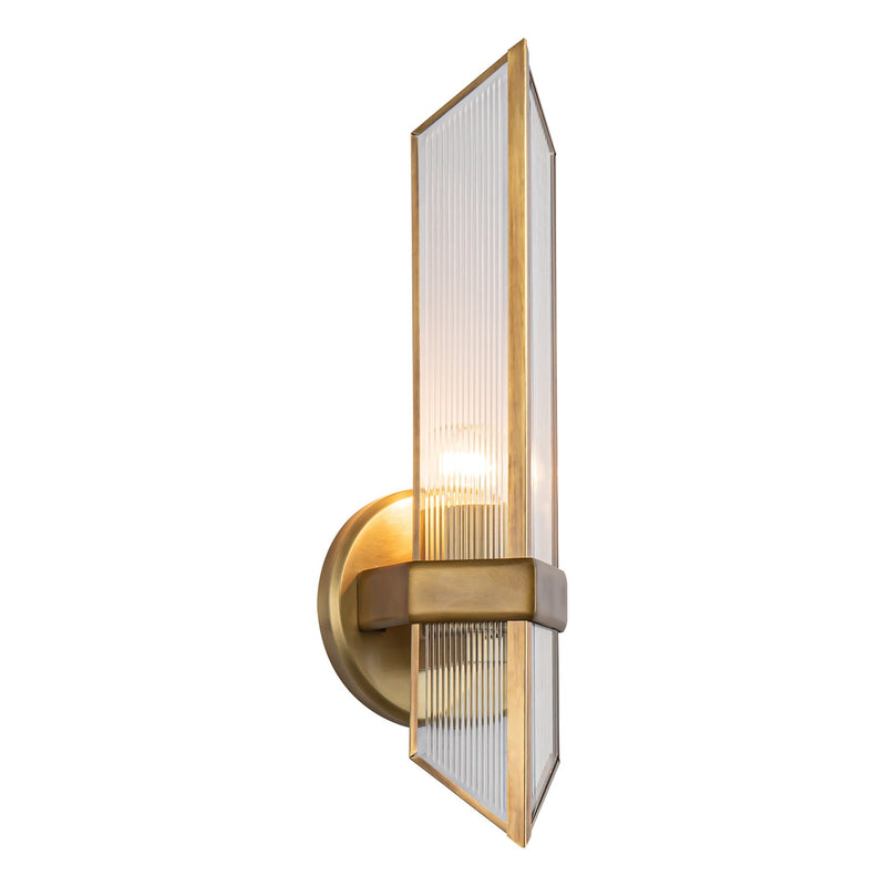 One Light Wall Sconce<br /><span style="color:#4AB0CE;">Entrega: 4-10 dias en USA</span><br /><span style="color:#4AB0CE;font-size:60%;">PREGUNTE POR ENTREGA EN PANAMA</span><br />Collection: Cairo<br />Finish: Ribbed Glass/Vintage Brass