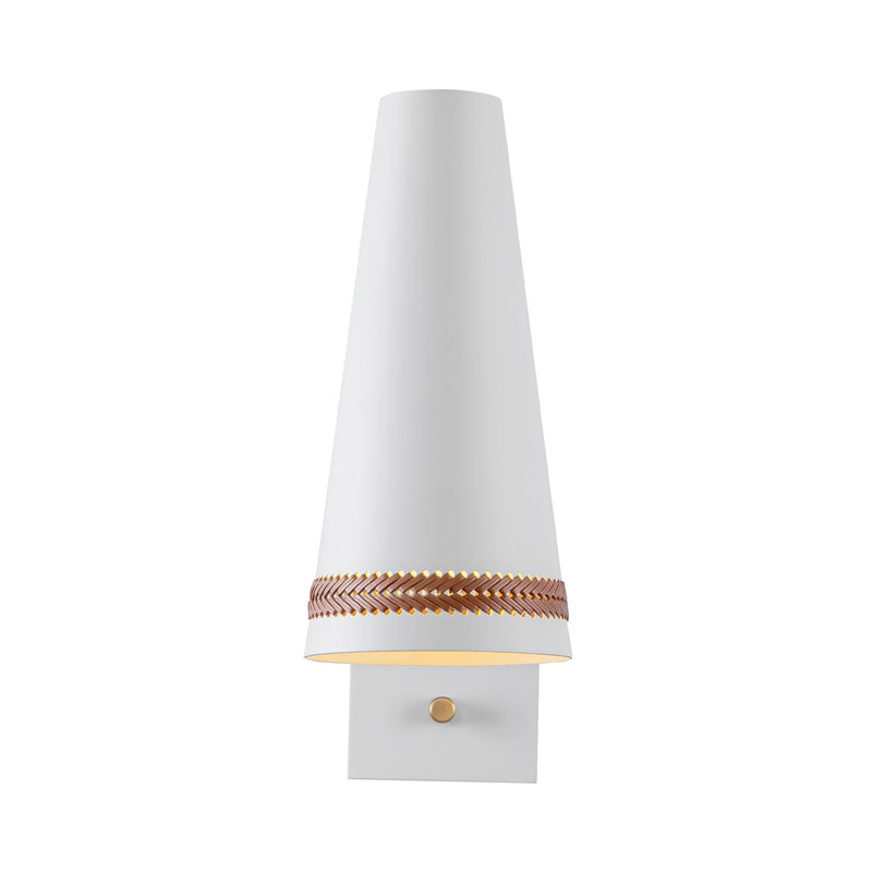 One Light Wall Sconce<br /><span style="color:#4AB0CE;">Entrega: 4-10 dias en USA</span><br /><span style="color:#4AB0CE;font-size:60%;">PREGUNTE POR ENTREGA EN PANAMA</span><br />Collection: Brickell<br />Finish: Matte White/Hazelnut Leather