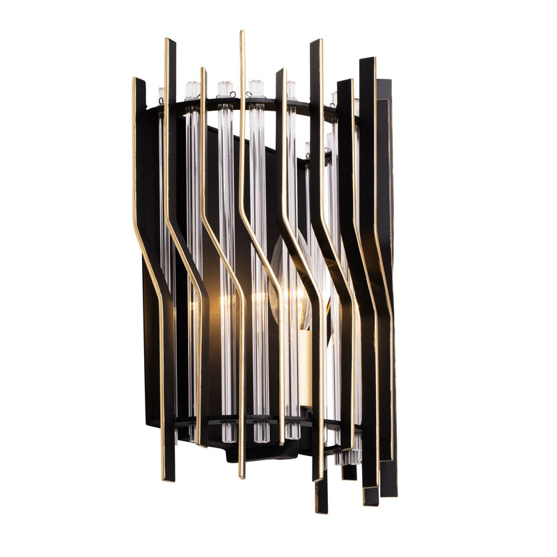 One Light Wall Sconce<br /><span style="color:#4AB0CE;">Entrega: 4-10 dias en USA</span><br /><span style="color:#4AB0CE;font-size:60%;">PREGUNTE POR ENTREGA EN PANAMA</span><br />Collection: Park Row<br />Finish: Matte Black/French Gold