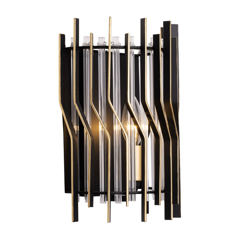 One Light Wall Sconce<br /><span style="color:#4AB0CE;">Entrega: 4-10 dias en USA</span><br /><span style="color:#4AB0CE;font-size:60%;">PREGUNTE POR ENTREGA EN PANAMA</span><br />Collection: Park Row<br />Finish: Matte Black/French Gold