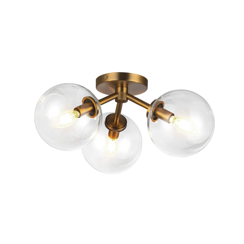 Three Light Semi-Flush Mount<br /><span style="color:#4AB0CE;">Entrega: 4-10 dias en USA</span><br /><span style="color:#4AB0CE;font-size:60%;">PREGUNTE POR ENTREGA EN PANAMA</span><br />Collection: Cassia<br />Finish: Aged Gold/Clear Glass