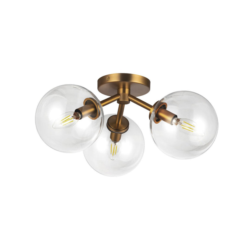 Three Light Semi-Flush Mount<br /><span style="color:#4AB0CE;">Entrega: 4-10 dias en USA</span><br /><span style="color:#4AB0CE;font-size:60%;">PREGUNTE POR ENTREGA EN PANAMA</span><br />Collection: Cassia<br />Finish: Aged Brass/Clear Glass