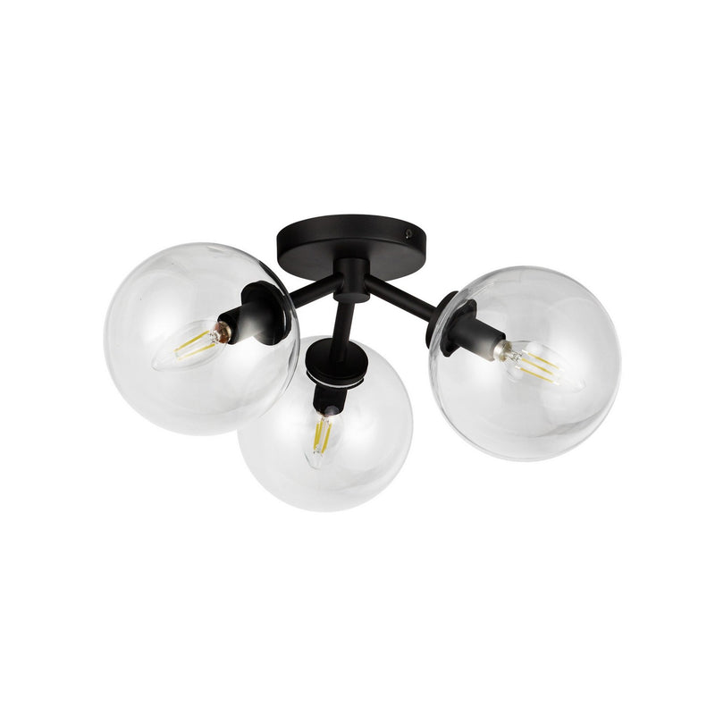 Three Light Semi-Flush Mount<br /><span style="color:#4AB0CE;">Entrega: 4-10 dias en USA</span><br /><span style="color:#4AB0CE;font-size:60%;">PREGUNTE POR ENTREGA EN PANAMA</span><br />Collection: Cassia<br />Finish: Matte Black/Clear Glass