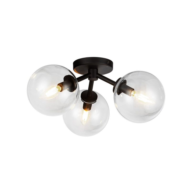 Three Light Semi-Flush Mount<br /><span style="color:#4AB0CE;">Entrega: 4-10 dias en USA</span><br /><span style="color:#4AB0CE;font-size:60%;">PREGUNTE POR ENTREGA EN PANAMA</span><br />Collection: Cassia<br />Finish: Matte Black/Clear Glass