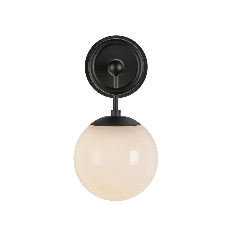 One Light Wall Vanity<br /><span style="color:#4AB0CE;">Entrega: 4-10 dias en USA</span><br /><span style="color:#4AB0CE;font-size:60%;">PREGUNTE POR ENTREGA EN PANAMA</span><br />Collection: Fiore<br />Finish: Matte Black/Glossy Opal Glass