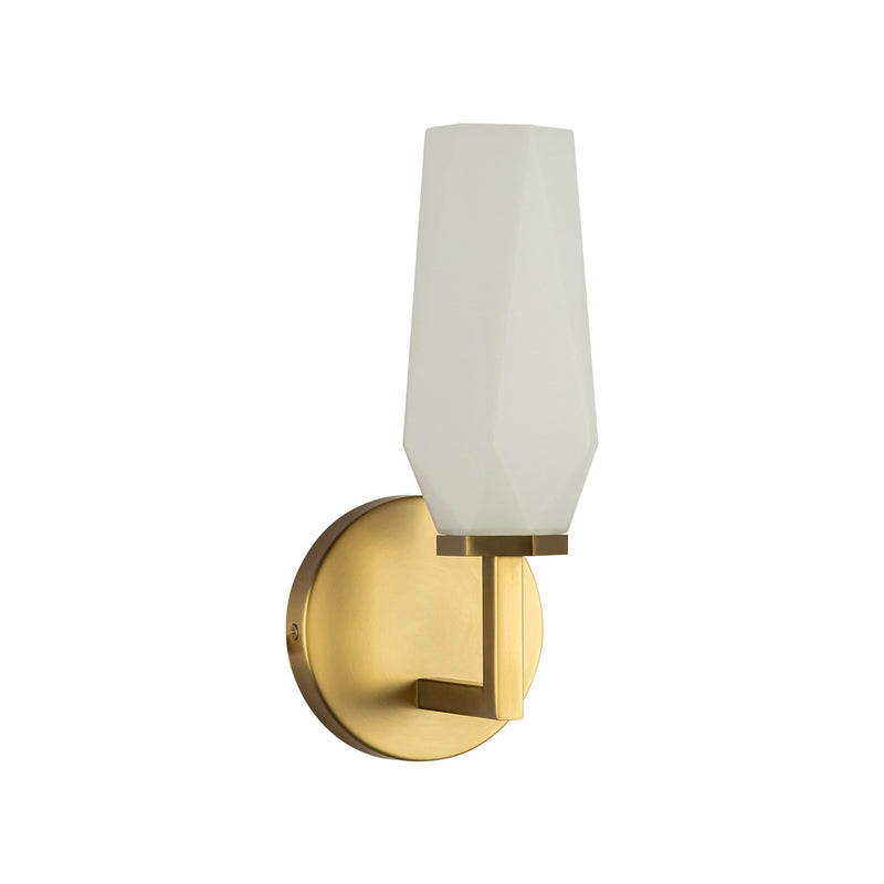 One Light Wall Vanity<br /><span style="color:#4AB0CE;">Entrega: 4-10 dias en USA</span><br /><span style="color:#4AB0CE;font-size:60%;">PREGUNTE POR ENTREGA EN PANAMA</span><br />Collection: Krysta<br />Finish: Brushed Gold/Opal Glass
