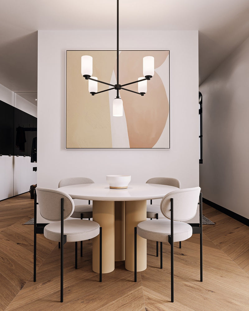 Five Light Chandelier<br /><span style="color:#4AB0CE;">Entrega: 4-10 dias en USA</span><br /><span style="color:#4AB0CE;font-size:60%;">PREGUNTE POR ENTREGA EN PANAMA</span><br />Collection: Nola<br />Finish: Black/Glossy Opal Glass