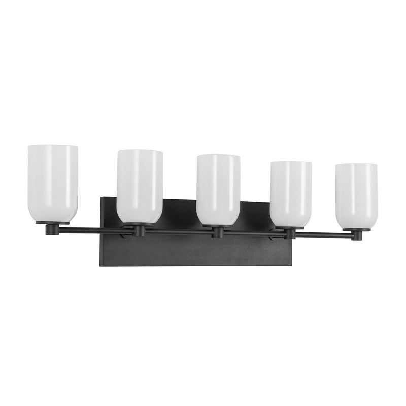 Five Light Vanity<br /><span style="color:#4AB0CE;">Entrega: 4-10 dias en USA</span><br /><span style="color:#4AB0CE;font-size:60%;">PREGUNTE POR ENTREGA EN PANAMA</span><br />Collection: Nola<br />Finish: Black/Glossy Opal Glass