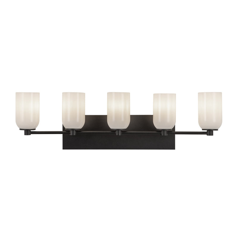 Five Light Vanity<br /><span style="color:#4AB0CE;">Entrega: 4-10 dias en USA</span><br /><span style="color:#4AB0CE;font-size:60%;">PREGUNTE POR ENTREGA EN PANAMA</span><br />Collection: Nola<br />Finish: Black/Glossy Opal Glass