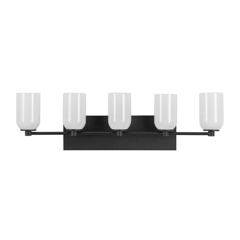 Five Light Vanity<br /><span style="color:#4AB0CE;">Entrega: 4-10 dias en USA</span><br /><span style="color:#4AB0CE;font-size:60%;">PREGUNTE POR ENTREGA EN PANAMA</span><br />Collection: Nola<br />Finish: Black/Glossy Opal Glass
