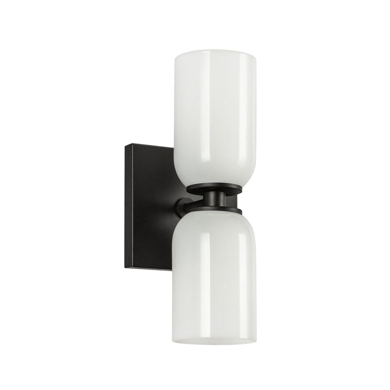 Two Light Wall Sconce<br /><span style="color:#4AB0CE;">Entrega: 4-10 dias en USA</span><br /><span style="color:#4AB0CE;font-size:60%;">PREGUNTE POR ENTREGA EN PANAMA</span><br />Collection: Nola<br />Finish: Black/Glossy Opal Glass