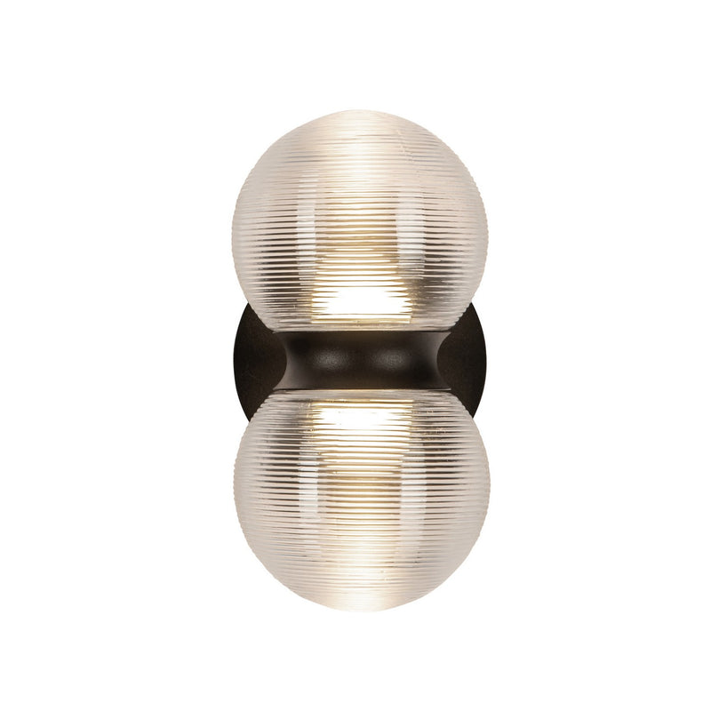 LED Exterior Wall Mount<br /><span style="color:#4AB0CE;">Entrega: 1-2 semanas en USA</span><br /><span style="color:#4AB0CE;font-size:60%;">PREGUNTE POR ENTREGA EN PANAMA</span><br />Collection: Peri<br />Finish: Black/Clear Ribbed Glass