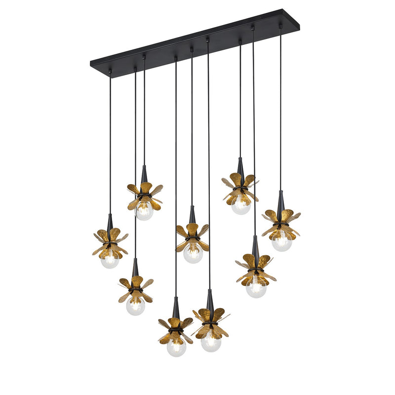 Nine Light Linear Chandelier<br /><span style="color:#4AB0CE;">Entrega: 4-10 dias en USA</span><br /><span style="color:#4AB0CE;font-size:60%;">PREGUNTE POR ENTREGA EN PANAMA</span><br />Collection: Portinatx<br />Finish: Satin Black with Hammered Gold