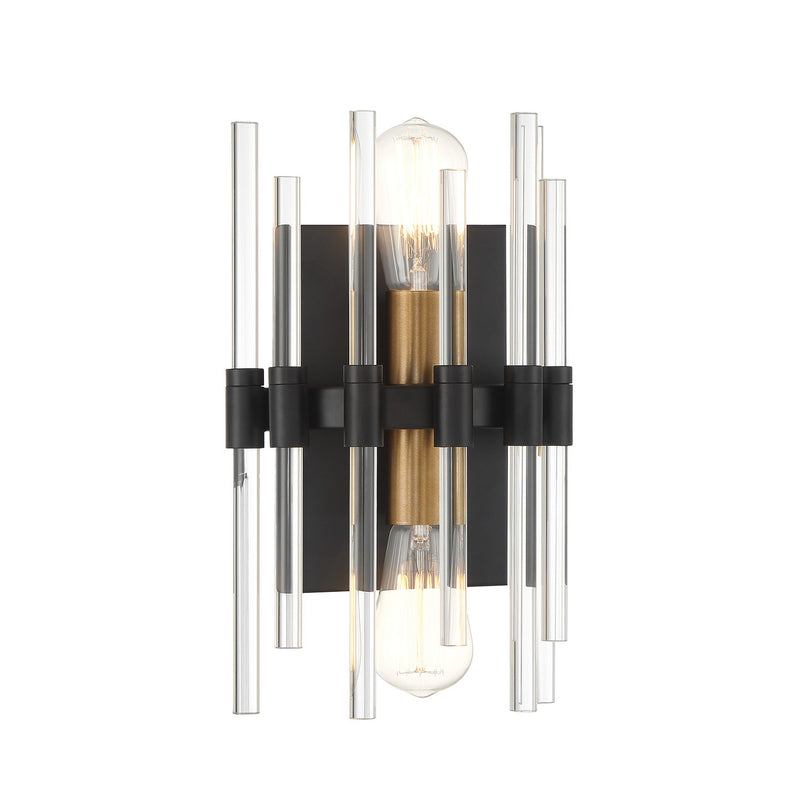 Two Light Wall Sconce<br /><span style="color:#4AB0CE;">Entrega: 4-10 dias en USA</span><br /><span style="color:#4AB0CE;font-size:60%;">PREGUNTE POR ENTREGA EN PANAMA</span><br />Collection: Santiago<br />Finish: Matte Black with Warm Brass Accents