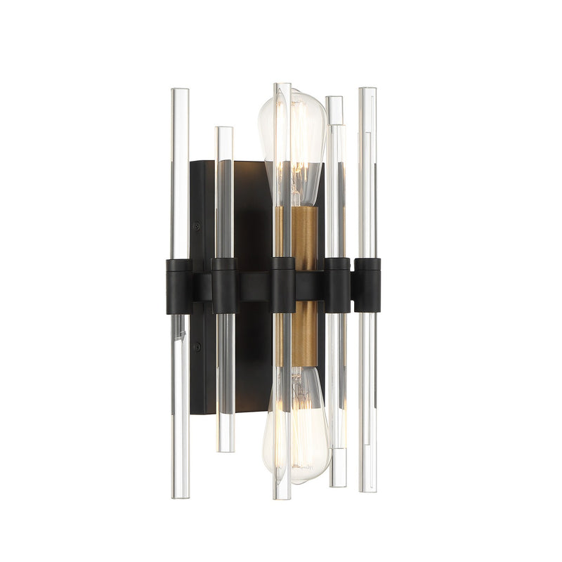 Two Light Wall Sconce<br /><span style="color:#4AB0CE;">Entrega: 4-10 dias en USA</span><br /><span style="color:#4AB0CE;font-size:60%;">PREGUNTE POR ENTREGA EN PANAMA</span><br />Collection: Santiago<br />Finish: Matte Black with Warm Brass Accents