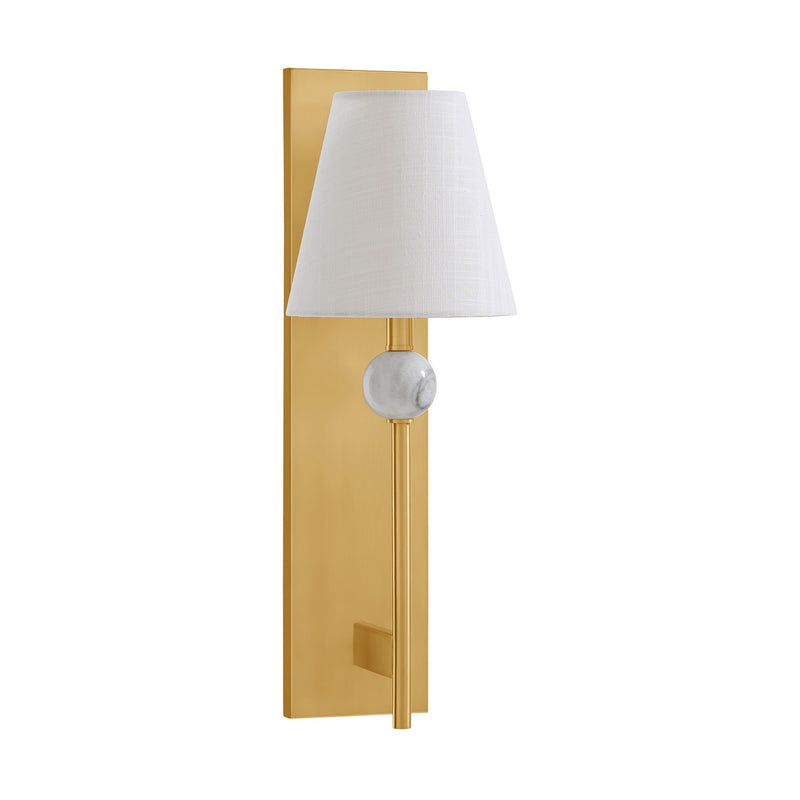 One Light Wall Sconce<br /><span style="color:#4AB0CE;">Entrega: 4-10 dias en USA</span><br /><span style="color:#4AB0CE;font-size:60%;">PREGUNTE POR ENTREGA EN PANAMA</span><br />Collection: Travis<br />Finish: Warm Brass