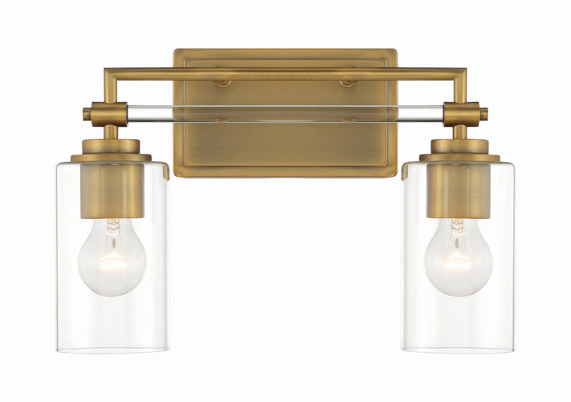 Two Light Bath Vanity<br /><span style="color:#4AB0CE;">Entrega: 4-10 dias en USA</span><br /><span style="color:#4AB0CE;font-size:60%;">PREGUNTE POR ENTREGA EN PANAMA</span><br />Collection: Binsly<br />Finish: Aged Brass