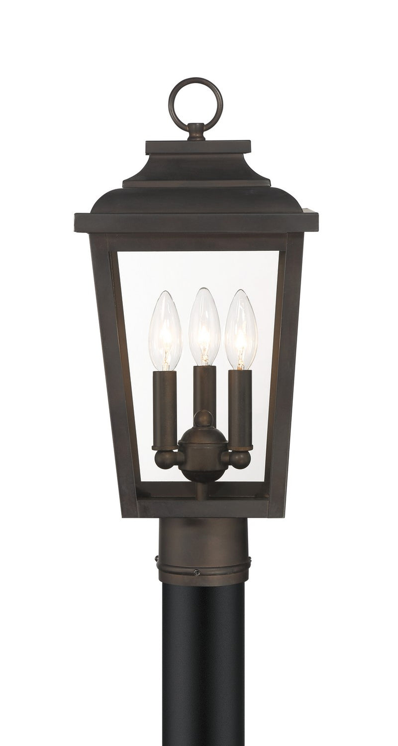 Three Light Post Mount<br /><span style="color:#4AB0CE;">Entrega: 4-10 dias en USA</span><br /><span style="color:#4AB0CE;font-size:60%;">PREGUNTE POR ENTREGA EN PANAMA</span><br />Collection: Irvington Manor<br />Finish: Chelesa Bronze