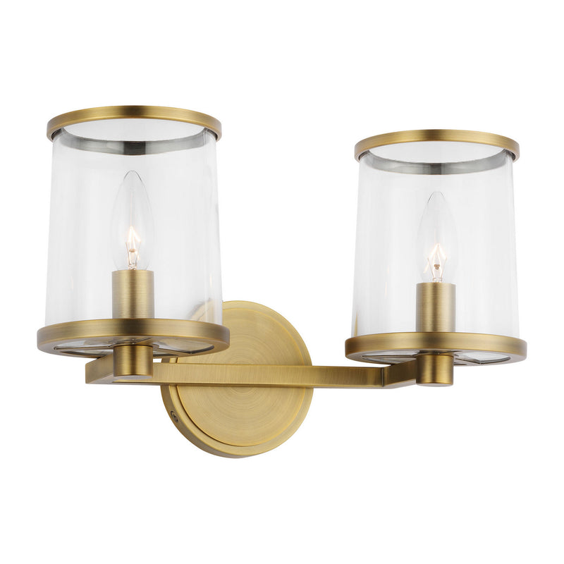 Two Light Vanity<br /><span style="color:#4AB0CE;">Entrega: 4-10 dias en USA</span><br /><span style="color:#4AB0CE;font-size:60%;">PREGUNTE POR ENTREGA EN PANAMA</span><br />Collection: Reynolds<br />Finish: Time Worn Brass