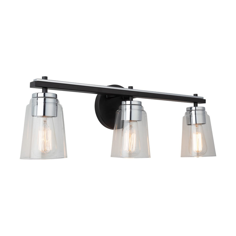 Three Light Bathroom Vanity<br /><span style="color:#4AB0CE;">Entrega: 4-10 dias en USA</span><br /><span style="color:#4AB0CE;font-size:60%;">PREGUNTE POR ENTREGA EN PANAMA</span><br />Collection: Essex<br />Finish: Black and Chrome