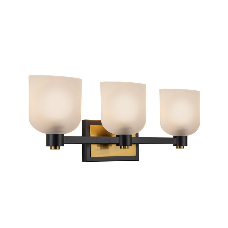 Three Light Bathroom Vanity<br /><span style="color:#4AB0CE;">Entrega: 4-10 dias en USA</span><br /><span style="color:#4AB0CE;font-size:60%;">PREGUNTE POR ENTREGA EN PANAMA</span><br />Collection: Lyndon<br />Finish: Black and Brushed Brass