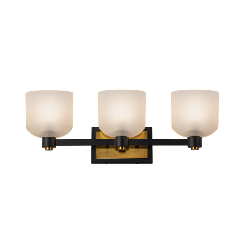 Three Light Bathroom Vanity<br /><span style="color:#4AB0CE;">Entrega: 4-10 dias en USA</span><br /><span style="color:#4AB0CE;font-size:60%;">PREGUNTE POR ENTREGA EN PANAMA</span><br />Collection: Lyndon<br />Finish: Black and Brushed Brass