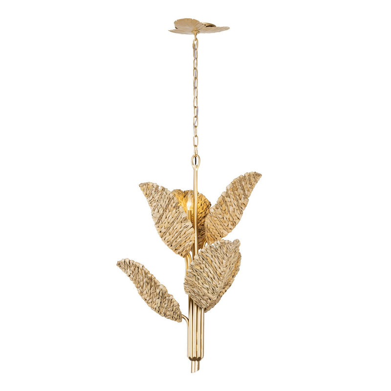 Six Light Chandelier<br /><span style="color:#4AB0CE;">Entrega: 1-2 semanas en USA</span><br /><span style="color:#4AB0CE;font-size:60%;">PREGUNTE POR ENTREGA EN PANAMA</span><br />Collection: Banana Leaf<br />Finish: French Gold/Natural Seagrass