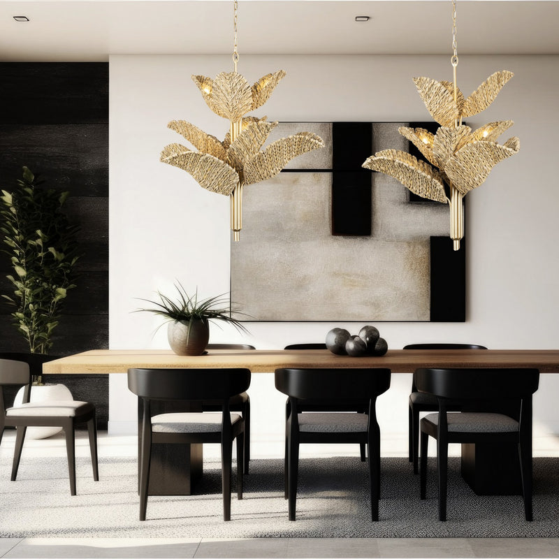 Nine Light Chandelier<br /><span style="color:#4AB0CE;">Entrega: 4-10 dias en USA</span><br /><span style="color:#4AB0CE;font-size:60%;">PREGUNTE POR ENTREGA EN PANAMA</span><br />Collection: Banana Leaf<br />Finish: French Gold/Natural Seagrass