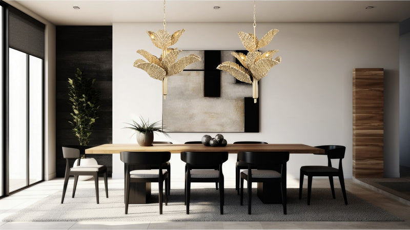 Nine Light Chandelier<br /><span style="color:#4AB0CE;">Entrega: 4-10 dias en USA</span><br /><span style="color:#4AB0CE;font-size:60%;">PREGUNTE POR ENTREGA EN PANAMA</span><br />Collection: Banana Leaf<br />Finish: French Gold/Natural Seagrass