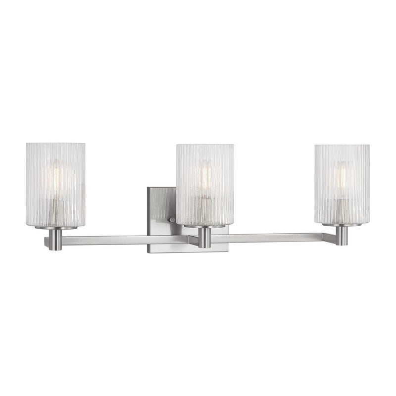 Three Light Wall / Bath<br /><span style="color:#4AB0CE;">Entrega: 4-10 dias en USA</span><br /><span style="color:#4AB0CE;font-size:60%;">PREGUNTE POR ENTREGA EN PANAMA</span><br />Collection: Lando<br />Finish: Brushed Steel