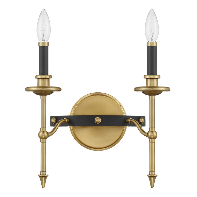 Two Light Wall Sconce<br /><span style="color:#4AB0CE;">Entrega: 4-10 dias en USA</span><br /><span style="color:#4AB0CE;font-size:60%;">PREGUNTE POR ENTREGA EN PANAMA</span><br />Collection: Consulate<br />Finish: Matte Black and Warm Brass