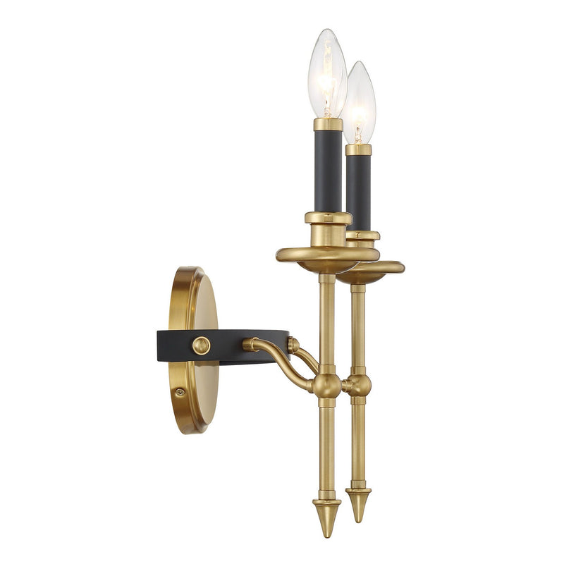 Two Light Wall Sconce<br /><span style="color:#4AB0CE;">Entrega: 4-10 dias en USA</span><br /><span style="color:#4AB0CE;font-size:60%;">PREGUNTE POR ENTREGA EN PANAMA</span><br />Collection: Consulate<br />Finish: Matte Black and Warm Brass
