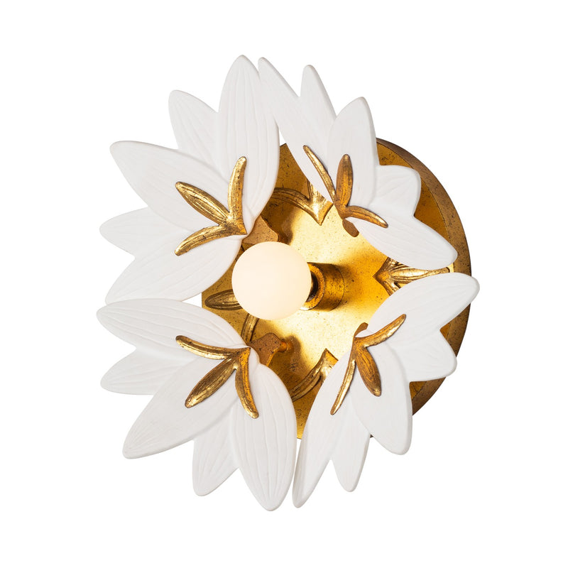 One Light Wall Sconce<br /><span style="color:#4AB0CE;">Entrega: 1-2 semanas en USA</span><br /><span style="color:#4AB0CE;font-size:60%;">PREGUNTE POR ENTREGA EN PANAMA</span><br />Collection: BLOOM<br />Finish: Oxidized Gold Leaf