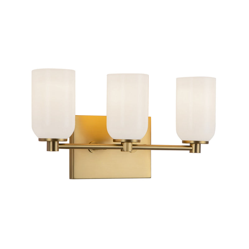 Three Light Vanity<br /><span style="color:#4AB0CE;">Entrega: 4-10 dias en USA</span><br /><span style="color:#4AB0CE;font-size:60%;">PREGUNTE POR ENTREGA EN PANAMA</span><br />Collection: Nola<br />Finish: Brushed Gold/Glossy Opal Glass