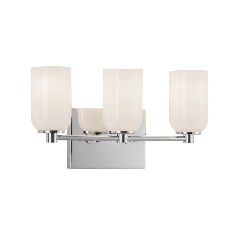 Three Light Vanity<br /><span style="color:#4AB0CE;">Entrega: 4-10 dias en USA</span><br /><span style="color:#4AB0CE;font-size:60%;">PREGUNTE POR ENTREGA EN PANAMA</span><br />Collection: Nola<br />Finish: Chrome/Glossy Opal Glass