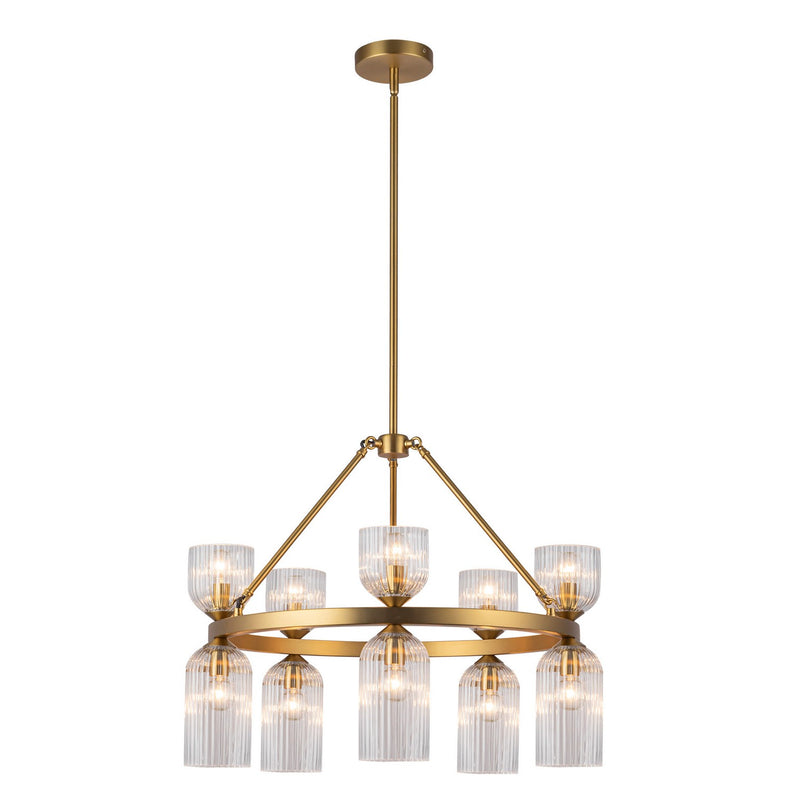 Ten Light Chandelier<br /><span style="color:#4AB0CE;">Entrega: 4-10 dias en USA</span><br /><span style="color:#4AB0CE;font-size:60%;">PREGUNTE POR ENTREGA EN PANAMA</span><br />Collection: Nelly<br />Finish: Brushed Gold/Clear Ribbed Glass